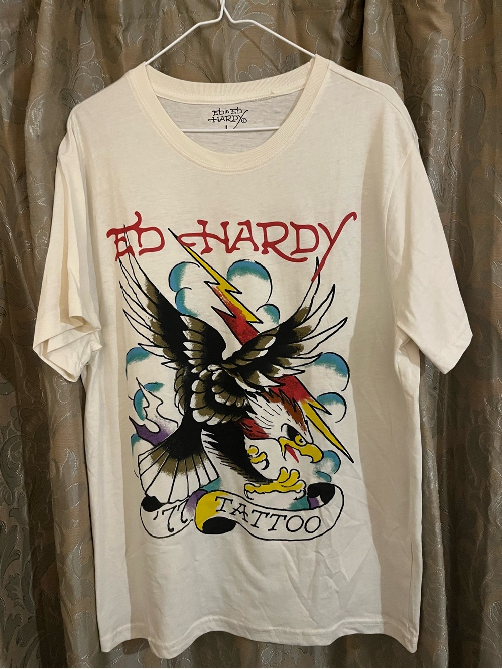 Ed Hardy Cream T-Shirt with Multicolor Eagle and Lightning Graphic